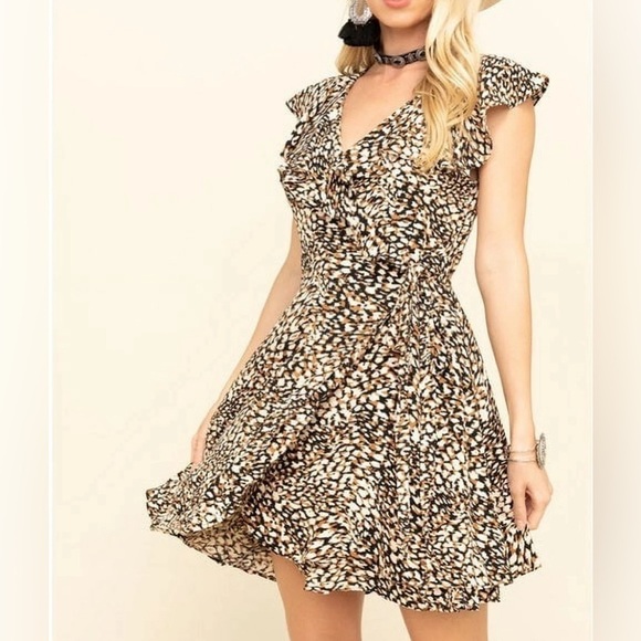 Free People French Quarter Wrap Mini Dress in Black Brown Combo Sz. Small - Picture 1 of 13